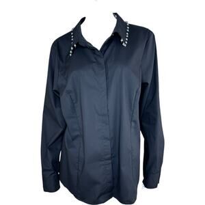 BEAUTIFUL by Lawrence Zarian Hidden Placket Poplin Shirt W/ Pearl Detail Black L